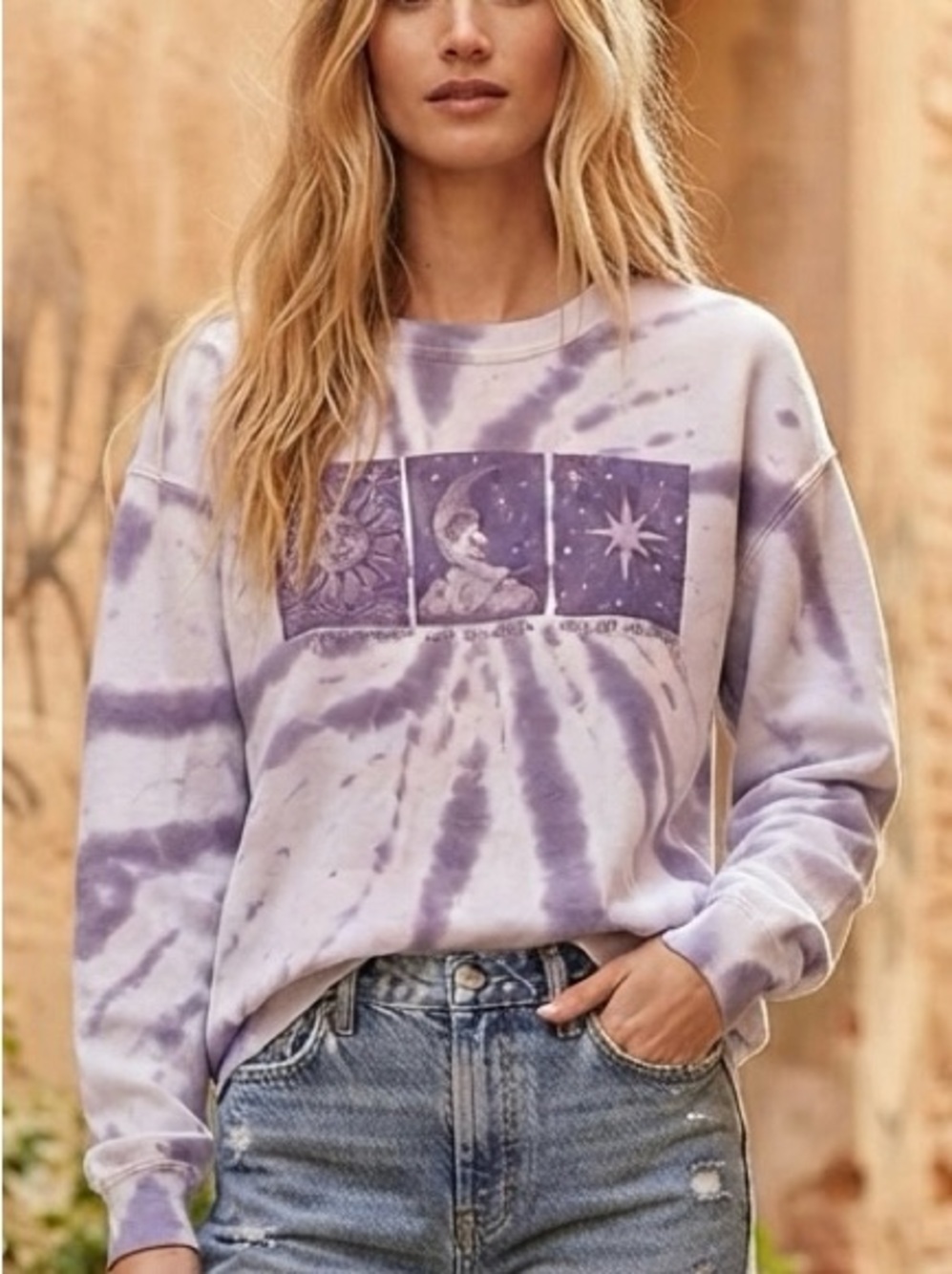 Full Tilt Lavender Tie-Dye Celestial Graphic Sweatshirt